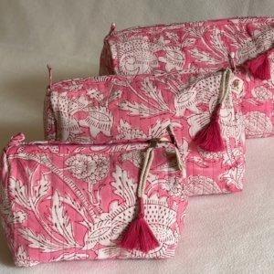 Anokhi pink Aunty B - Beautiful Indian block-printed cotton toiletry bags.